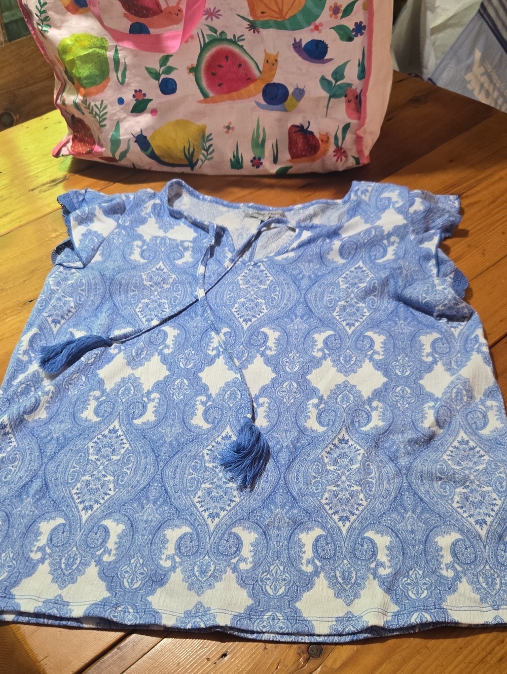 Absolutely Famous Blue Paisley Tassel Tie Blouse Sz Xl